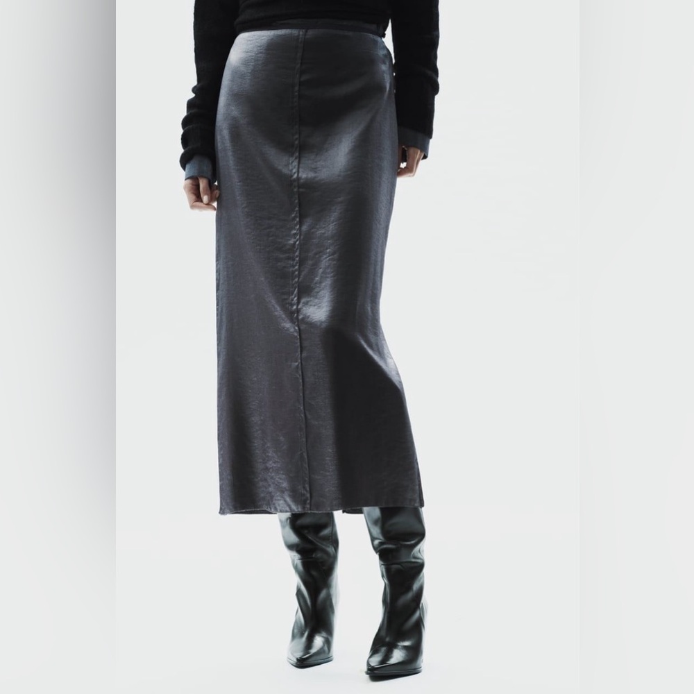 Zara NWT Iridescent Metallic Foil Effect Midi Skirt in Silver Grey Gunmetal XL